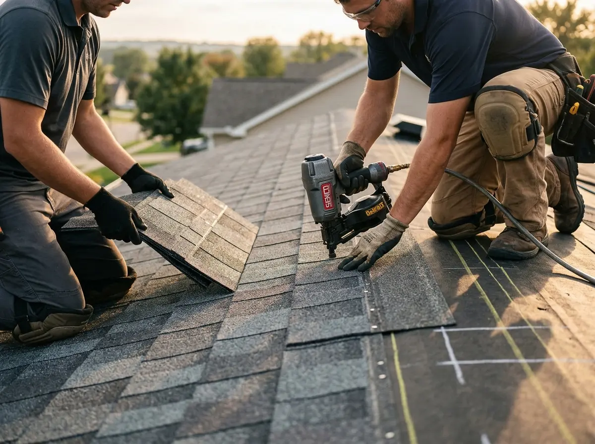 Professional roofer working on a residential roof in Mendham
